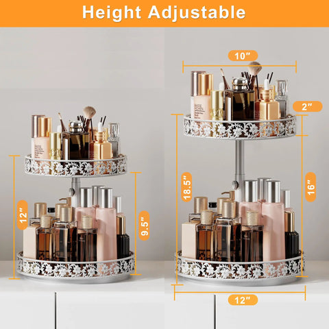 12 Inch 2 Tier Lazy Susan Turntable Organizer Adjustable Height Smooth Rotation Kitchen Countertop Spice Rack White Heavy Duty with cosmetics.