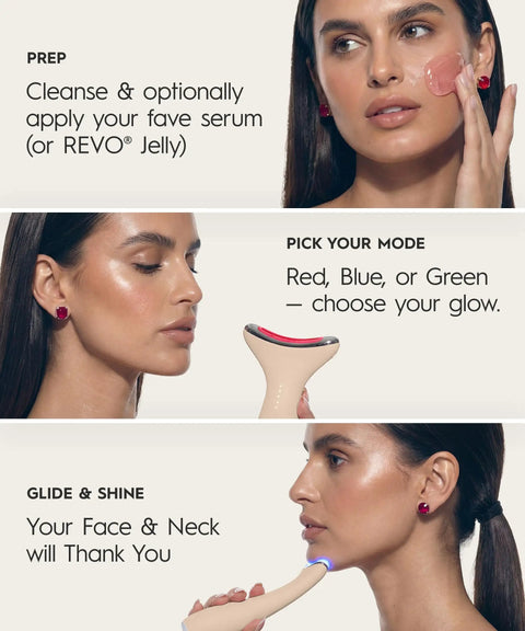 Total Glow Up Facial Massager For Face And Neck With Warm Heat And Pulsing Vibrations Led Beauty Tool applied on a woman's face.