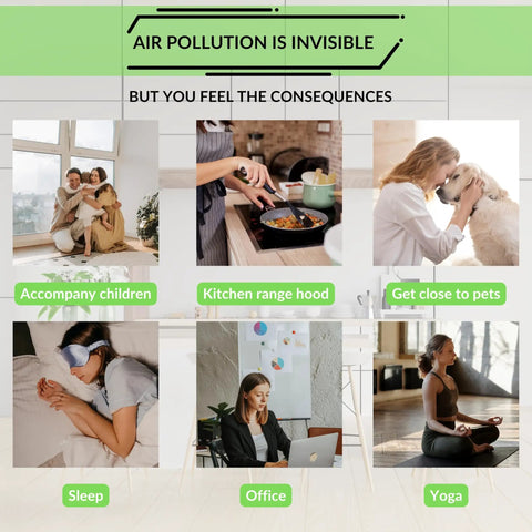 Air pollution effects on daily activities like cooking and working, highlighting the need for Activated Carbon Pre Filter For Sharp Plasmacluster Air Purifier FP-A60UW FP-A80UW Keeps Nasty Odors Out Traps Dust And Pet Dander Stops Pollen Extends HEPA Life One Unit Replacement.