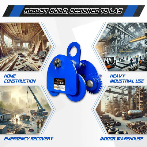 Rock Solid Manual Chain Trolley One Ton Two Thousand Two Hundred Lb Capacity Adjustable Gantry Crane Trolley in blue for heavy lifting uses.