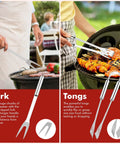 15 Piece Grill Set With Carrying Case Stainless Steel BBQ Tools Kit with fork and tongs in outdoor barbecue use