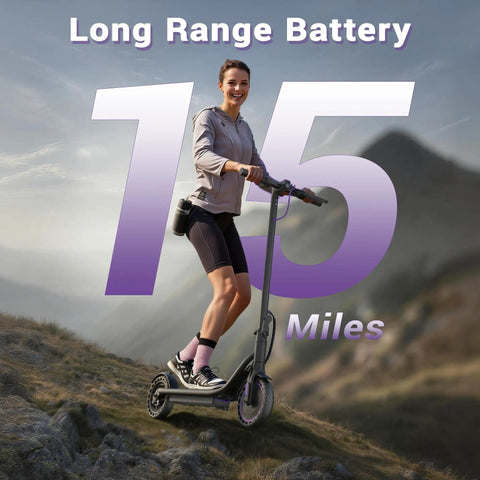 Grab Your Foldable Electric Scooter For Smooth Adult Commutes Featuring A Badass 500W Motor Super Long 40 Mile Range Quick Three Second Setup Easy Car Storage And Zippy Urban Cruising Action with a woman riding on a scooter showcasing a long range battery.