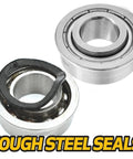Heavy Duty 4 Pack AM132365 Front Wheel Bearings With Top Tier Synthetic Lubricant And Built Tough High Heat Rating, showing tough steel seals.
