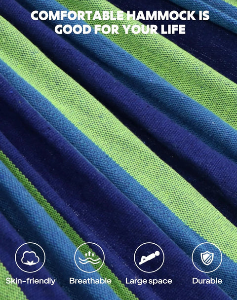 Close-up of blue and green cotton fabric with breathable and durable icons for Cotton Hammock Portable Hanging Bed With Tree Straps Easy Setup Indoor Outdoor 550 Pound Capacity Dope Comfort For Backyard Camping And Travel For Ultimate Chill.