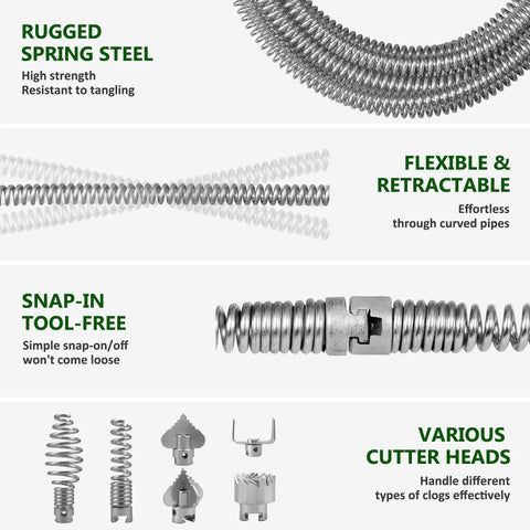 Badass Heavy Duty Drain Snake And Auger With Drill Attachment Plumbing Tool 9.8Ft galvanized steel spring with snap-in cutter heads