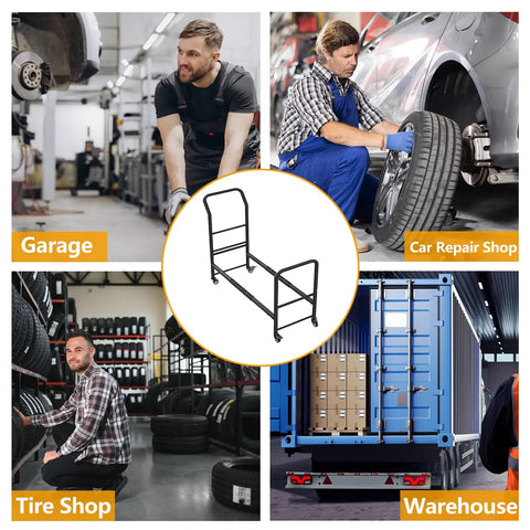 Heavy Duty Rolling Tire Rack With Four Smooth Caster Wheels For Secure Storage And Smooth Hauling Around Home Garages Local Fix Shops Heavy Gauge Steel Build displayed in garage, tire shop, car repair shop, and warehouse.