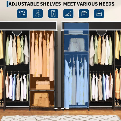 Beefy Heavy Duty Freestanding Portable Closet Organizer With Adjustable Carbon Steel Frame And Thick Vinyl Cover, showcasing adjustable shelves with clothes.
