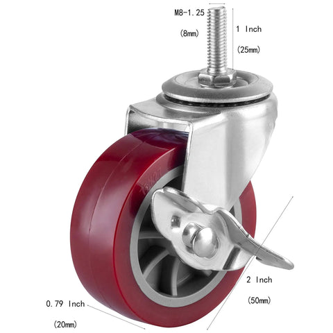 Two Inch Swivel Caster Wheels Set Of Four Heavy Duty Locking Casters With Polyurethane Tires And M8 Stem