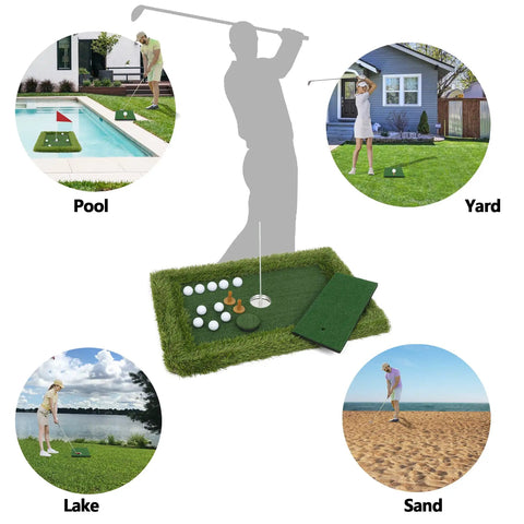 Floating Golf Green Set For Poolside Fun And Outdoor Play With Chipping Mat And Training Accessories shown in various settings