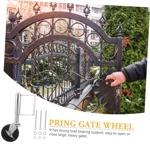 Heavy Duty Spring Loaded Gate Caster Wheel With Adjustable Tension For Smooth Rolling On Uneven Ground Quick Install Fence Gate Roller For Wooden Gates And Tubular Rails Rock Solid Performance No Fuss Setup with gate in focus.