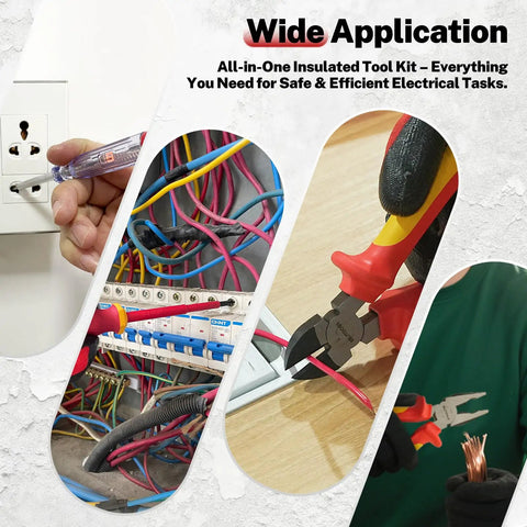 Pro Grade Electrician Toolkit Featuring Vde Insulated Screwdrivers Voltage Tester and Heavy Duty Needle Nose Pliers in use for electrical tasks.