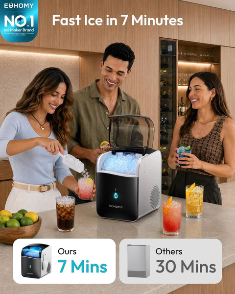 Fresh Freeze Countertop Nugget Ice Maker Yields 42 Lbs Soft Sonic Pebble Ice In Minutes With Smart App Alexa Hookup Self Cleaning Portable Pick For Home Office And Backyard Hangouts in use with drinks on a kitchen counter.