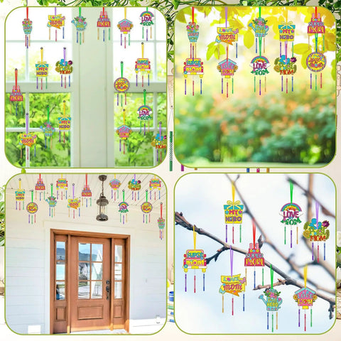 DIY Wind Chime Craft Kit Make Your Own Chimes For Moms Day Gift With 30 Wooden Pieces And 90 Tubes In 5 Colors displays various completed chimes hanging.