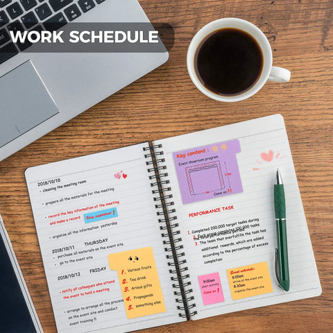 Open notebook with sticky notes and a pen, coffee cup nearby, illustrating Sticky Notes Set For Journaling And Planning use in office.