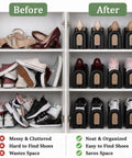 Before and after image of 12 Pack Adjustable Shoe Slot Organizers, Double Layer Closet Stackers in black, showcasing organization.