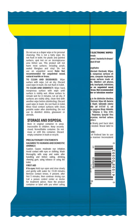 Packaging of disinfecting electronic wipes for screens and devices, back view with instructions and barcode visible.