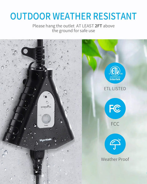Close-up of Badass Weather Resistant Smart Outdoor WiFi Plug With Three Heavy Duty Grounded Jacks with visible water droplets.