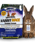 Bag of Rabbit Granules For Gardens And Lawns, All Season Rabbit Repellent For Farms And Landscapes, Covers Up To 4,560 Sq Ft, 7 Pound Granular Deterrent, Safe For Pets, Kids, And Plants with a rabbit illustration