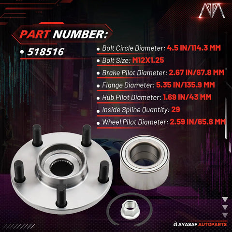 Heavy Duty Front Wheel Hub Bearing Assembly Fits Infiniti I30 I35 Nissan Altima 35L Maxima 2000 2008 No Fuss Replacement 518516 with bolts and measurement details.