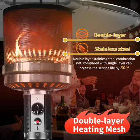 Powerful 50,000 BTU Propane Patio Heater On Wheels For Backyard Hangouts And Outdoor Dining with double-layer heating mesh