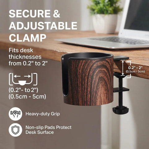 Two Pack Desk Cup Holder Clamp On No Tools Needed For 40oz Tumblers Anti Spill Fits Desks From 0.2 To 2 Inches Thick Easy Install Walnut Finish