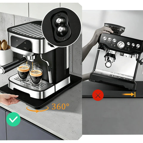Premium Bamboo Appliance Slider Tray With Universal Rotating Wheels For Countertops And Drawers, coffee maker on sliding tray.