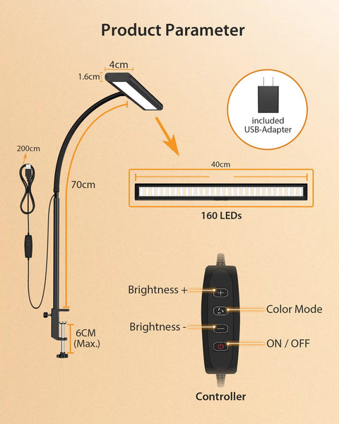 Adjustable Clamp Mount Desk Lamp Featuring Three Custom Color Temperatures And Ten Smooth Brightness Levels For Killer Eye Care Reading And No Sweat Desktop Workspace Upgrades Daily, showing dimensions and controller layout.