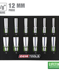 Deep Well Socket Set Three Eighths Inch Drive, Twelve-Piece Metric Socket Set 8mm to 19mm in EVA Foam Tray