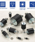Heavy Duty Rubber Vibration Isolator Mounts Anti Shock Engine Struts With Solid Lock Nuts For Motors And Air Compressors Dead Quiet Damping rig set on a table.