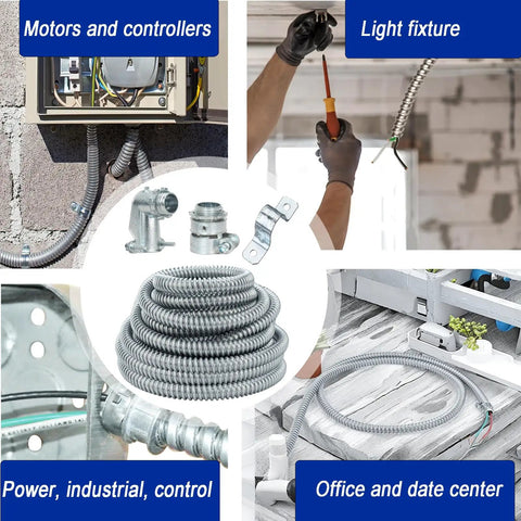 Dope Flexible Steel Electrical Conduit Kit Half Inch Diameter 100 Feet Long With 5 Couplings 3 Elbows And 10 Straps in use