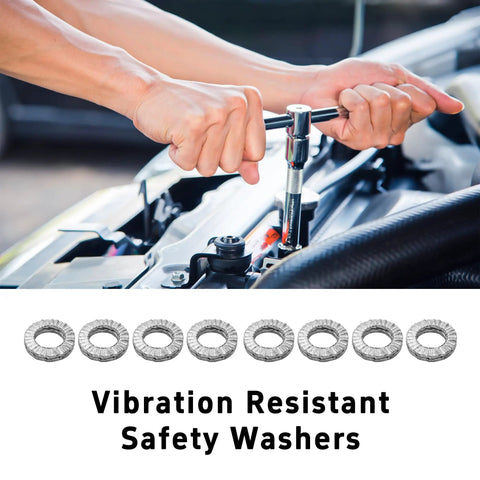 Person using a wrench with Heavy Duty M6 Wedge Lock Washers Set Premium Manganese Steel in automotive setting.