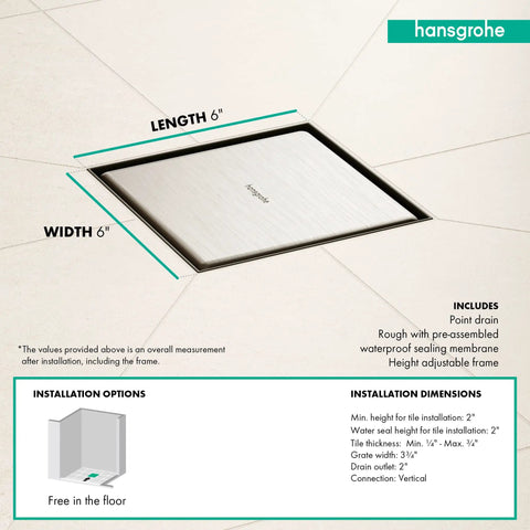Square Tileable Shower Drain Set With Brushed Stainless Steel Construction and Flush Floor Mount Design for Modern Bathrooms, 6x6 inch.