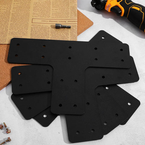 Contractor Grade T Post Brackets With Screws Flat Steel Mending Plates For Fence Corner Brace Truss Framing Deck Gazebo Support Frame 4 Piece Pack laid out on a work surface.