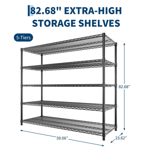 Flex Your Storage Space With This Badass Heavy Duty 5 Tier Metal Wire Shelving Rack measuring 82.68" high for garage or home.