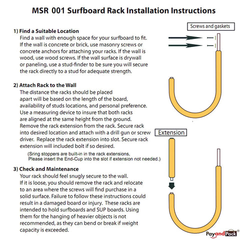 MSR 001 Surfboard Rack Installation Instructions for Wall Mounted Snowboard Surfboard Rack Set Vertical Wall Hanger.