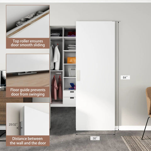 30X84 Inch Flush White Primed Barn Door With Invisible Hidden Track And Soft Close Hardware Kit showing dimensions and smooth sliding features.