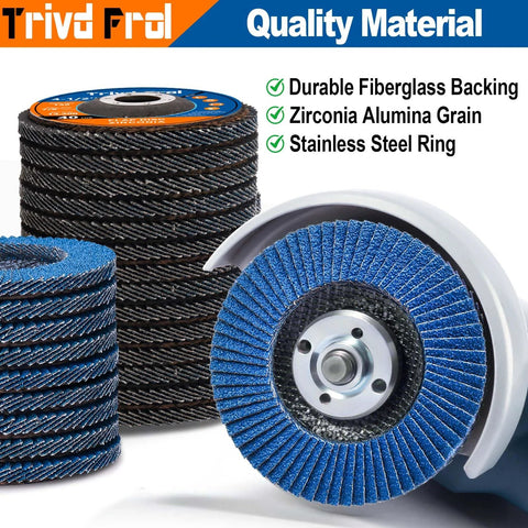 Flap disc set for angle grinder, blue zirconia abrasive, 4.5 in dia, 7/8 in arbor, 40-pack (grits 40–120)