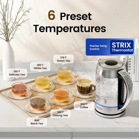 1.7L Glass Electric Kettle for Coffee and Tea With 6 Temperature Presets shown with six cups of tea on a counter.