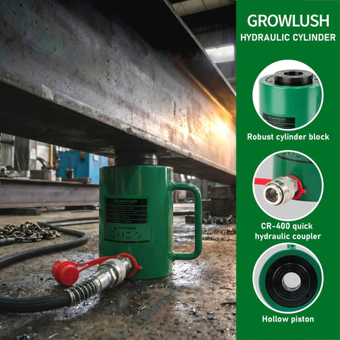 Heavy Duty 30 Ton Hollow Hydraulic Cylinder Jack With 2 Inch Stroke Hydraulic Ram Heavy Hitter positioned under metal beam for industrial use.
