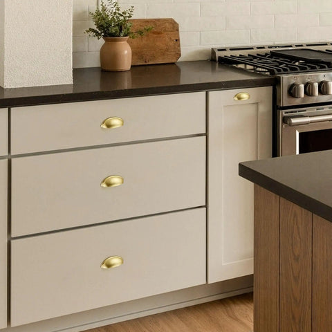 Top Tier Brushed Gold Drawer Pulls And Cabinet Cup Handles 3 Inch Zero Fuss Setup For Refreshed Kitchens And Dressers Built Tough Hardware Set Delivers knockout style on kitchen drawers