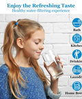 Girl drinking fresh water from glass, showcasing benefits of Under Sink Reverse Osmosis Filter Replacement Kit FX12P FX12M TFM-24