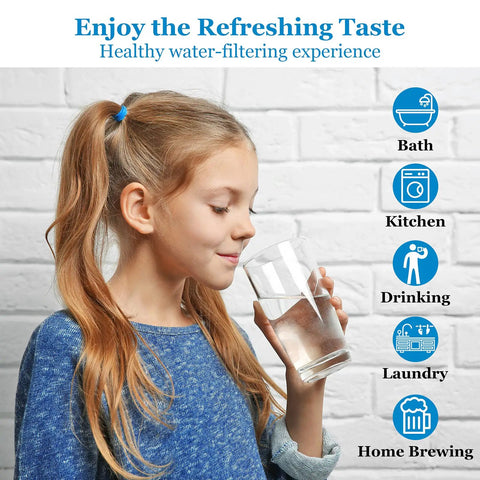 Girl drinking fresh water from glass, showcasing benefits of Under Sink Reverse Osmosis Filter Replacement Kit FX12P FX12M TFM-24