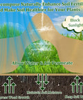 Illustration showing Heavy Duty Biodegradable Paper Weed Barrier Roll 1.31x50 Ft For Lawn And Garden, decomposing to enhance soil.