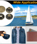 Heavy Duty Leather Snap Fastener Kit 42 Pieces Bronze Tone Press Stud Closure Buttons displayed with a denim jacket and accessories.