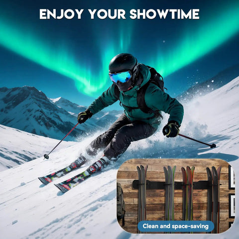 Heavy Duty Ski Wall Mount Rack For Garage And Home Badass Modular Storage System Holds Eight Pairs Of Skis And Poles With Thick Rubber Padding And No Fuss Install, shown holding skis in a clean, space-saving setup.