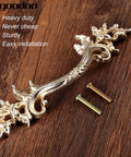 5 Pcs French Provincial Drawer Pulls In Warm Antique Gold Finish Top Shelf Zinc Alloy Cabinet Handles With Quick Grip Heavy Duty Build For Kitchen Cupboards And Dressers Real Deal Vintage Hardware Upgrade For Your Home Decor Project. Close-up view of ornate gold drawer pull with screws.