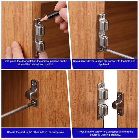 Installation guide for Heavy Duty Marine Grade 316 Stainless Steel Double Roller Cabinet Tension Latches with mounting hardware.