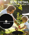 Man and child installing 13 Piece Tree Ring Mulch Mat Set for Garden Root Barrier Weed Control Non Woven Black Landscape Rings 12.6 Inch.