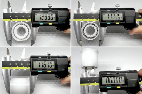 High Performance 316 Stainless Steel Pool Cleaner Wheel Bearings Replacement measurements shown on digital caliper.