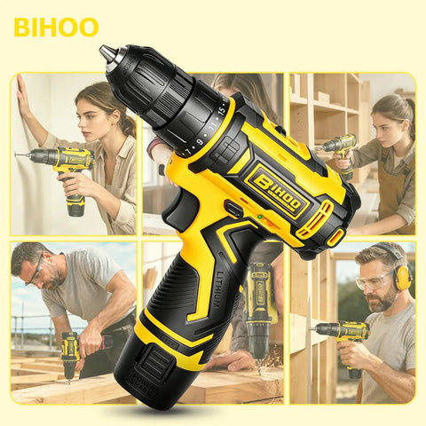 12V Cordless Drill With Rechargeable Battery And Fast Charger Three Eighth Inch Keyless Chuck Lightweight Power Tool In Yellow, close-up view showing keyless chuck.